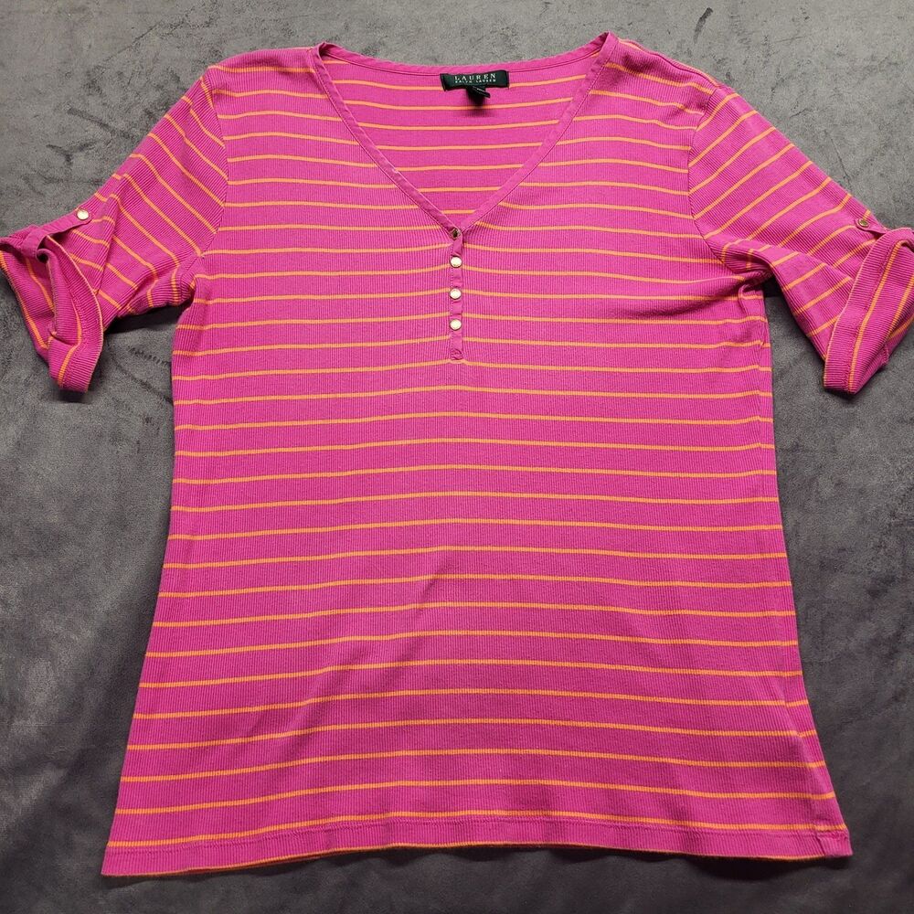 Lauren Ralph Lauren Womens LG Ribbed Stripe Henley Pink Orange 3/4 Sleeve